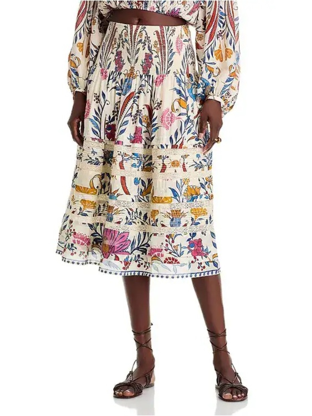 Farm Rio Romantic Lightness Midi Skirt Size S Floral Smocked